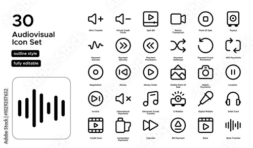 Audio Visual Line Icon Set: Sound Systems, Cameras, and Digital Broadcasting Tools Icons