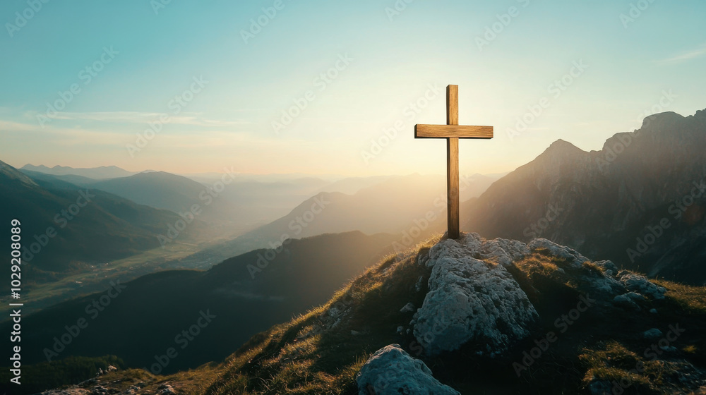 A wooden cross stands on a rocky hilltop as the sun sets over the mountains, symbolizing hope and faith in nature's quiet beauty A wooden cross stands on a rocky hilltop as the sun sets over the mountains, symbolizing hope and faith in nature's quiet beauty