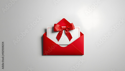 Wallpaper Mural Gift card or gift voucher with red ribbon bow in open red envelope isolated on grey background with shadow minimal concept 3D rendering isolated with white highlights, png Torontodigital.ca