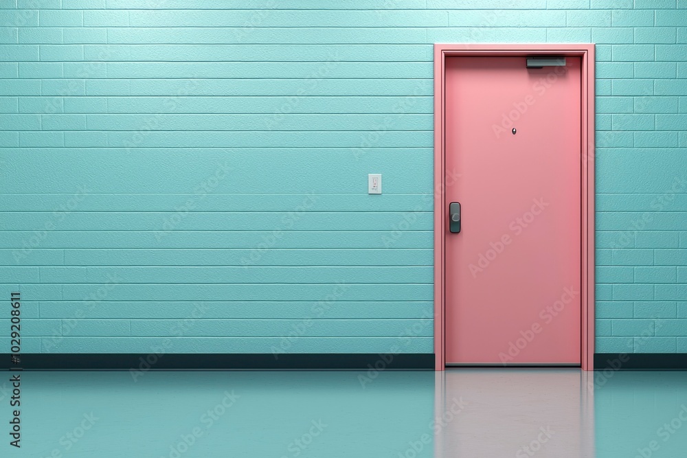 Pink Door Against a Light Blue Brick Wall Pink Door Against a Light Blue Brick Wall