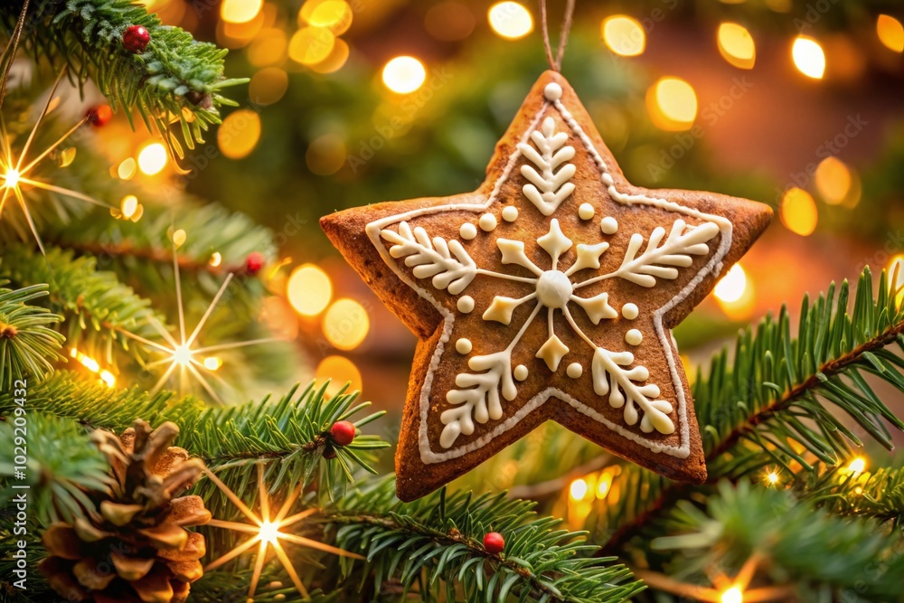 Beautiful Lebkuchen Star Decoration for Christmas Tree - Festive Conceptual Photography Beautiful Lebkuchen Star Decoration for Christmas Tree - Festive Conceptual Photography