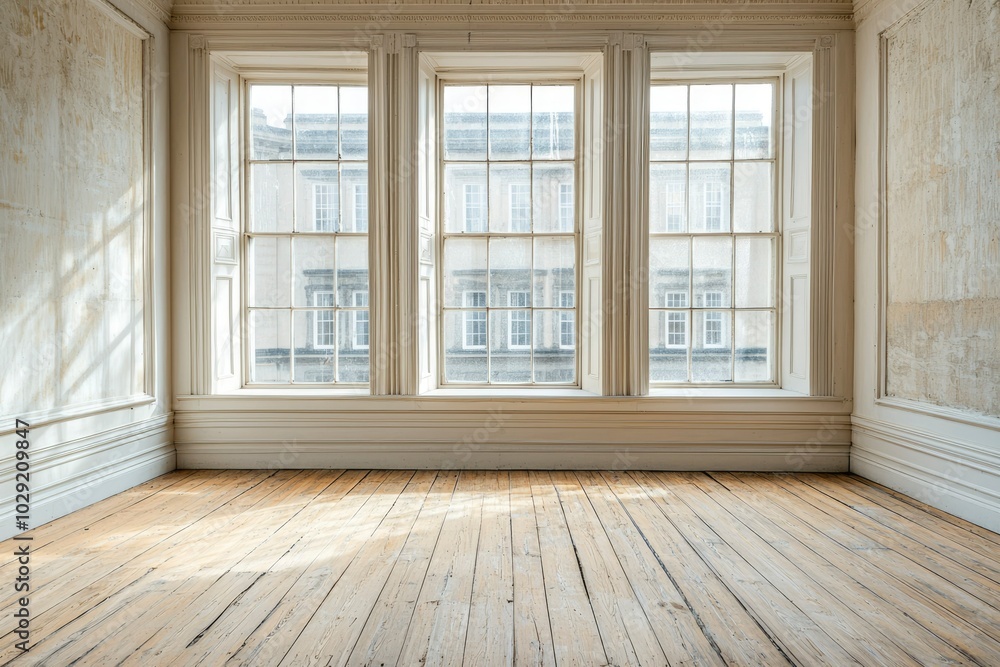 Sunlit Room with Three Large Windows and Distressed Wood Floor Sunlit Room with Three Large Windows and Distressed Wood Floor