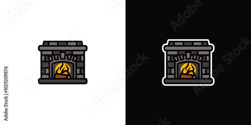 Stone fireplace with firewood and bonfire on white and black background. Original vector illustration in vintage style.