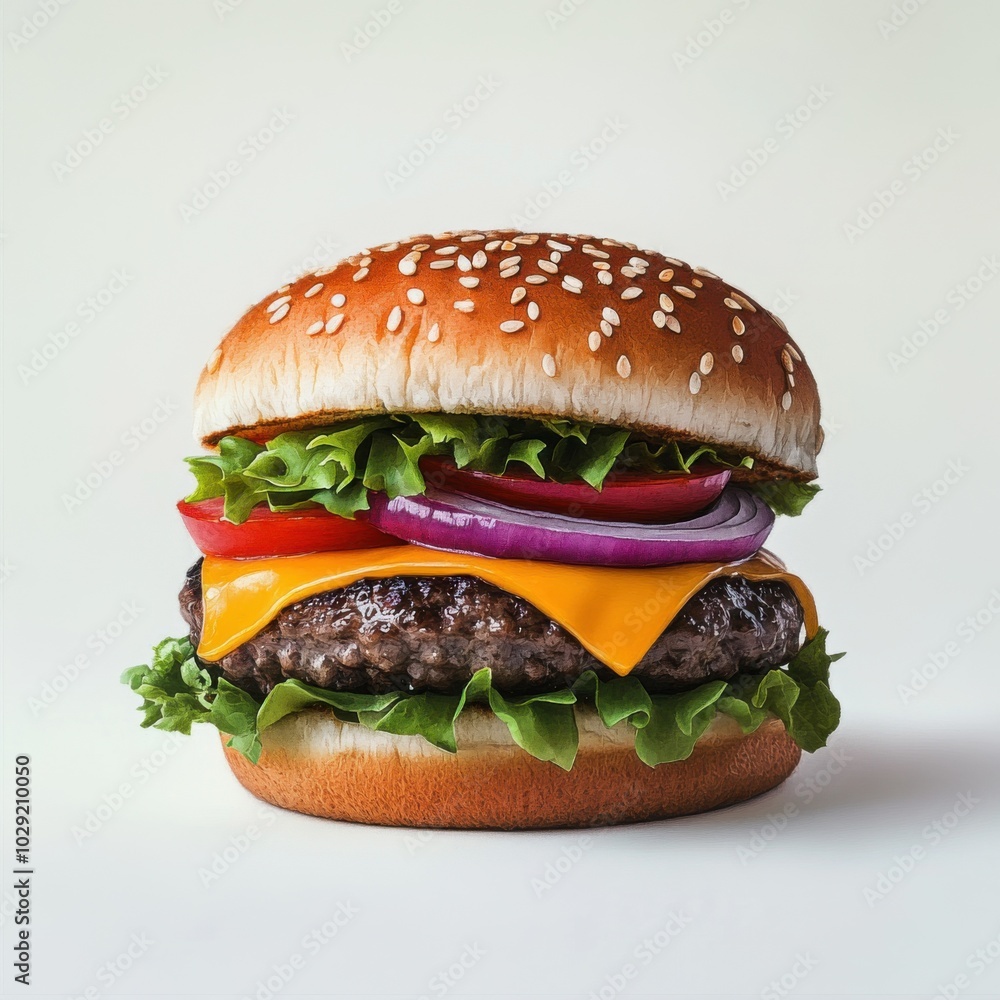 An American cheeseburger with lettuce, tomato and red onion on a white background. It consists of a well-done oval patty and half a seedless bun. A thin slice of cheddar cheese melts over the patty. An American cheeseburger with lettuce, tomato and red onion on a white background. It consists of a well-done oval patty and half a seedless bun. A thin slice of cheddar cheese melts over the patty.