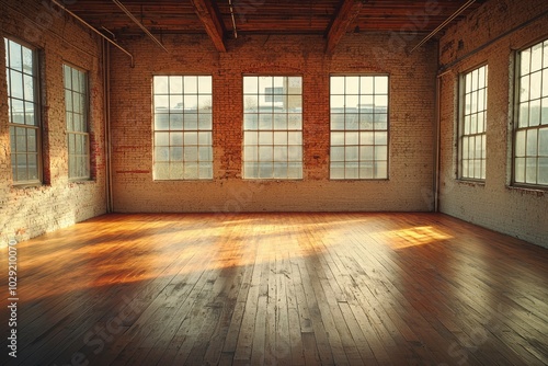 Empty Room with Exposed Brick Walls, Wooden Floor, and Large Windows