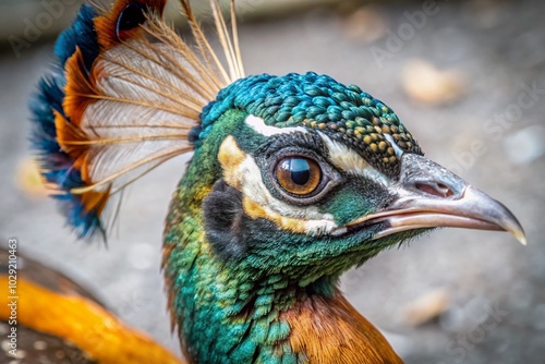 Stunning Macro Portrait of Common Peacock (Pavo cristatus) Showcasing Vibrant Feathers and Eye Detail photo