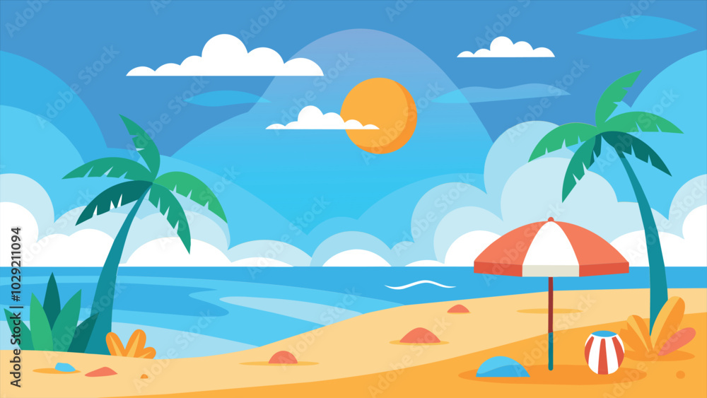 A cartoon illustration depicting a sunny summer beach with palm trees, a beach umbrella, blue ocean, and white clouds in the sky. A cartoon illustration depicting a sunny summer beach with palm trees, a beach umbrella, blue ocean, and white clouds in the sky.