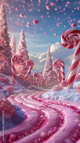 Dreamlike world of peppermint swirls and gumdrop hills, where sugarplum fairies dance in the air, 4K hyperrealistic photo