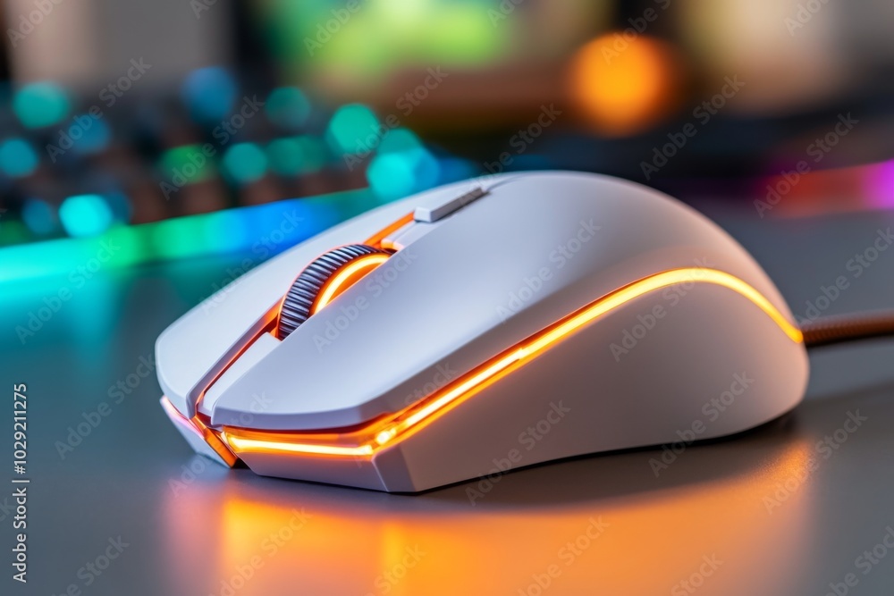 Sleek Gaming Mouse with Orange Lights on an Illuminated Desk Sleek Gaming Mouse with Orange Lights on an Illuminated Desk