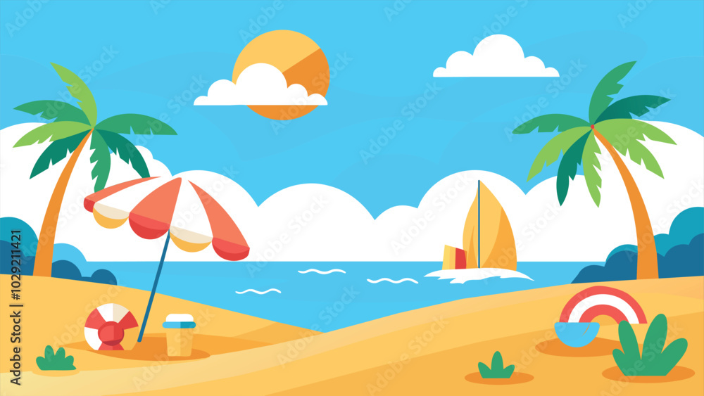 Beach Scene with Palm Trees, Sun, and Boat Beach Scene with Palm Trees, Sun, and Boat