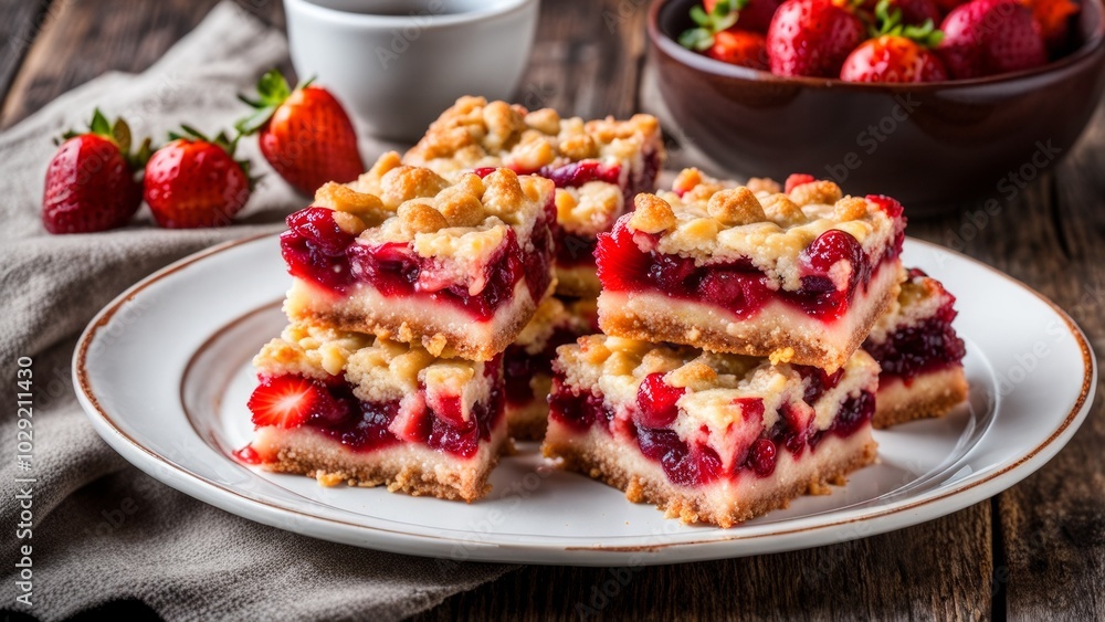 A piece of strawberry crumble pie on a plate and richly decorated with fresh strawberries. A piece of strawberry crumble pie on a plate and richly decorated with fresh strawberries.