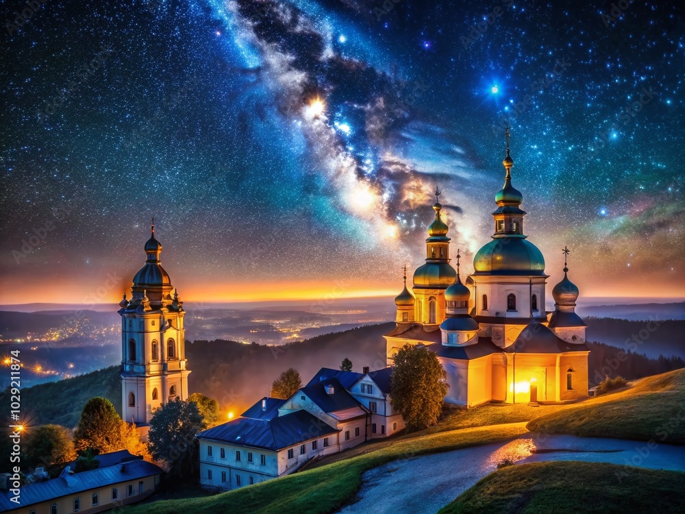 Stunning Night Landscape of the Blue Milky Way in Ukraine's Clear Sky Stunning Night Landscape of the Blue Milky Way in Ukraine's Clear Sky