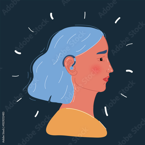 Cartoon vector illustration of Woman with hear impairment. Deaf girl.