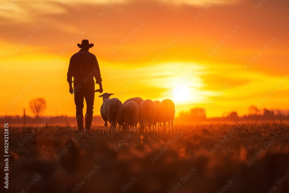 Silhouette of a man herding sheep at sunset Silhouette of a man herding sheep at sunset