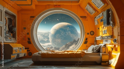 Fototapeta Naklejka Na Ścianę i Meble -  wide angel view of a space ship bedroom