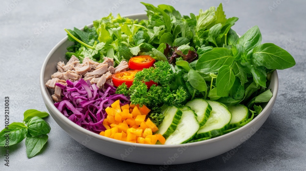 A colorful spicy minced duck salad with a variety of fresh greens and herbs. A colorful spicy minced duck salad with a variety of fresh greens and herbs.