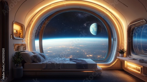 Fototapeta Naklejka Na Ścianę i Meble -  wide angel view of a space ship bedroom