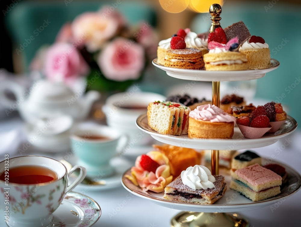 Fototapeta premium A beautiful display of assorted pastries and sandwiches on a three-tiered stand, surrounded by delicate china teacups in an elegant afternoon tea setting.