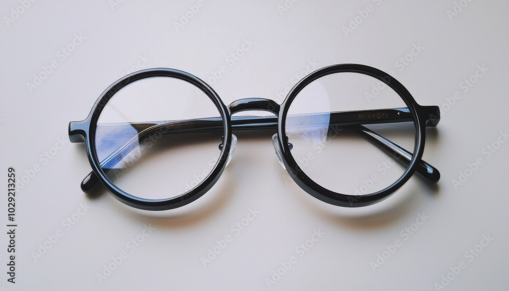 A pair of round black glasses rests on a light surface, highlighting their design and transparency.