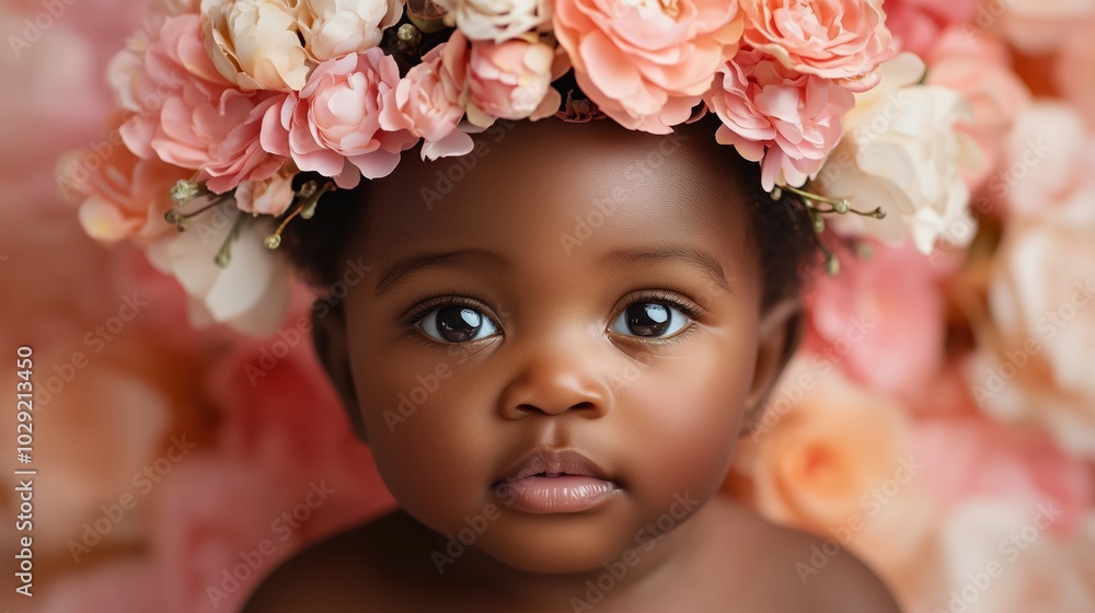Cute African baby wearing a thorn crown with delicate flowers Cute African baby wearing a thorn crown with delicate flowers