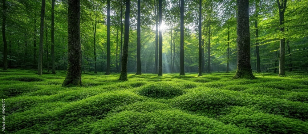 Fototapeta premium Sunlight streams through the canopy of a dense forest, illuminating the lush green undergrowth.