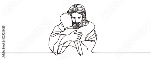 Jesus hugs a man Continuous one line drawing