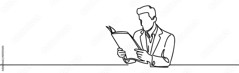 Continuous one line drawing of man to read newspaper, screening out fake news concept, single line art. Continuous one line drawing of man to read newspaper, screening out fake news concept, single line art.