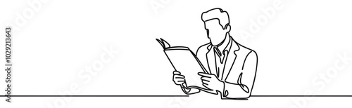 Continuous one line drawing of man to read newspaper, screening out fake news concept, single line art.