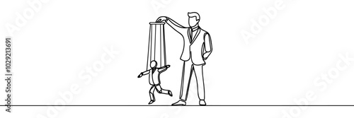 Continuous one line drawing businessman walks by being moved by ropes controlled by a giant hand above. Policies that are never implemented. Like a puppet. Single line draw design vector illustration