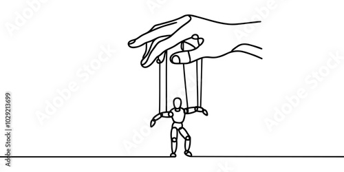 hand controls the puppet. Continuous one line drawing