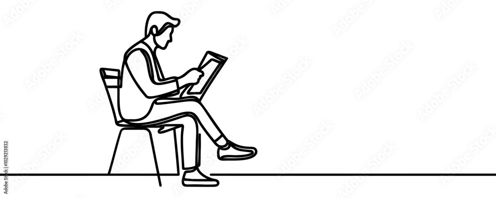 Continuous one line drawing of man to read newspaper, screening out fake news concept, single line art. Continuous one line drawing of man to read newspaper, screening out fake news concept, single line art.