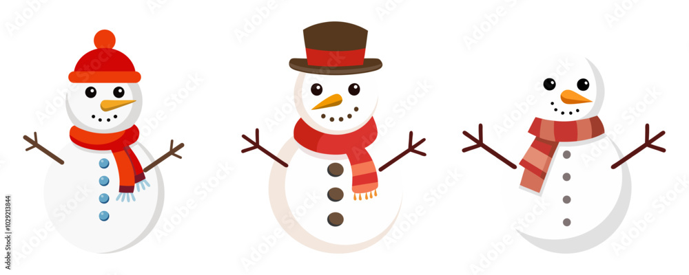 Set of Christmas vector cute snowmen in different hats and scarves. New year illustration. Set of Christmas vector cute snowmen in different hats and scarves. New year illustration.