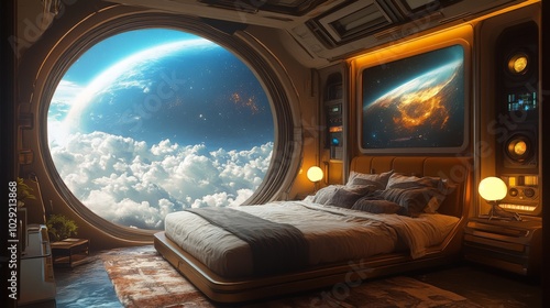 Fototapeta Naklejka Na Ścianę i Meble -  wide angel view of a space ship bedroom