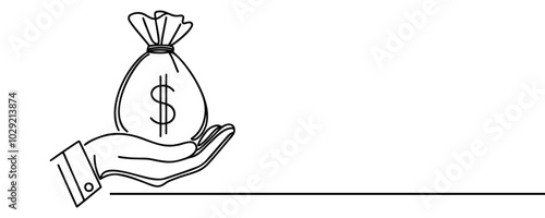 Bag of money in hand. Continuous one line drawing business concept