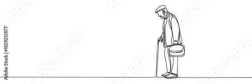 Continuous one line drawing of a senior man with a stick. Minimal outline concept. Vector illustration