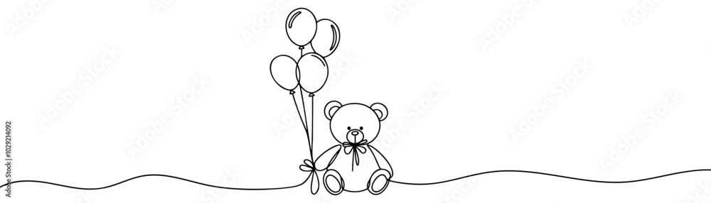 Single continuous line drawing lovely teddy bear toy. teddy bear with balloons Single continuous line drawing lovely teddy bear toy. teddy bear with balloons