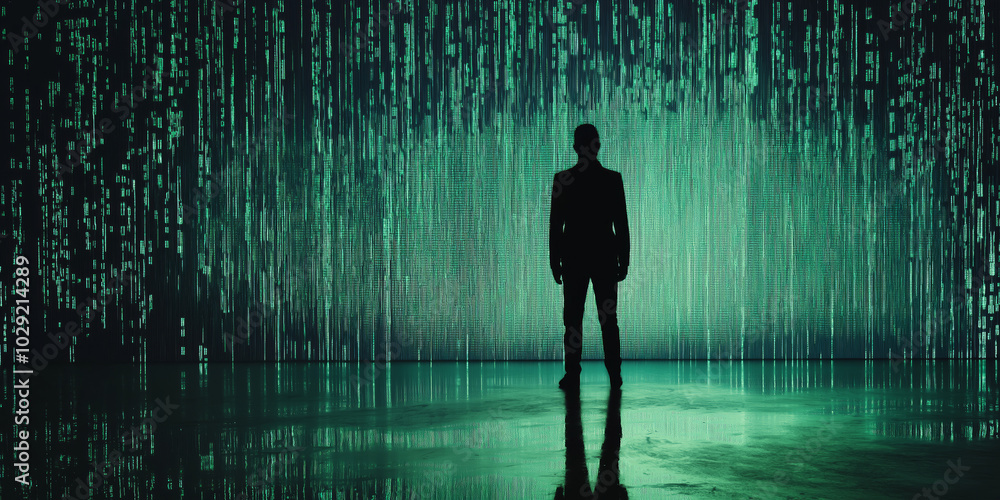Human silhouette in a digital space with minimalist green and black shades, representing cyberattacks. Human silhouette in a digital space with minimalist green and black shades, representing cyberattacks.