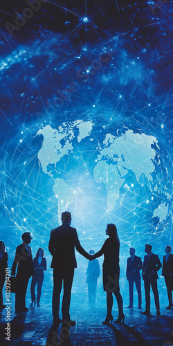 Wallpaper Mural Silhouettes of business people shaking hands against the backdrop of an illustrated world map with global corporate connections Torontodigital.ca