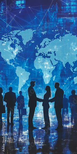 Wallpaper Mural Silhouettes of business people shaking hands against the backdrop of an illustrated world map with global corporate connections Torontodigital.ca