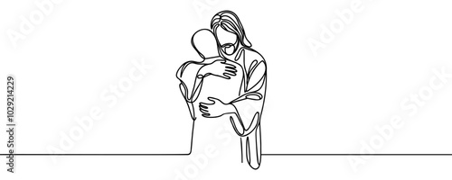 Jesus hugs a man Continuous one line drawing