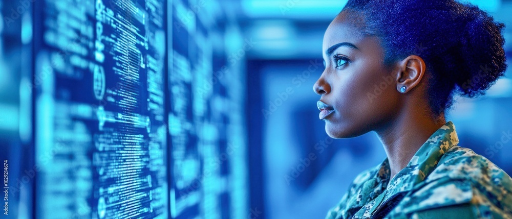Focused Female Soldier Analyzing Data on Screen Focused Female Soldier Analyzing Data on Screen