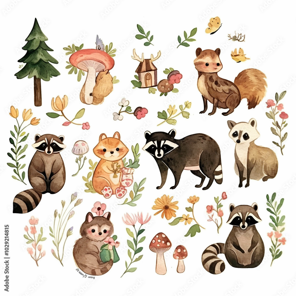 Fototapeta premium Whimsical jungle party themed vintage color clipart, various cute little raccoons, with trees and mushroom houses