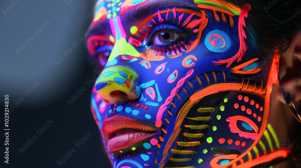 A close-up of a model's face painted in bold, neon colors, with intricate geometric patterns and exaggerated features. A close-up of a model's face painted in bold, neon colors, with intricate geometric patterns and exaggerated features.