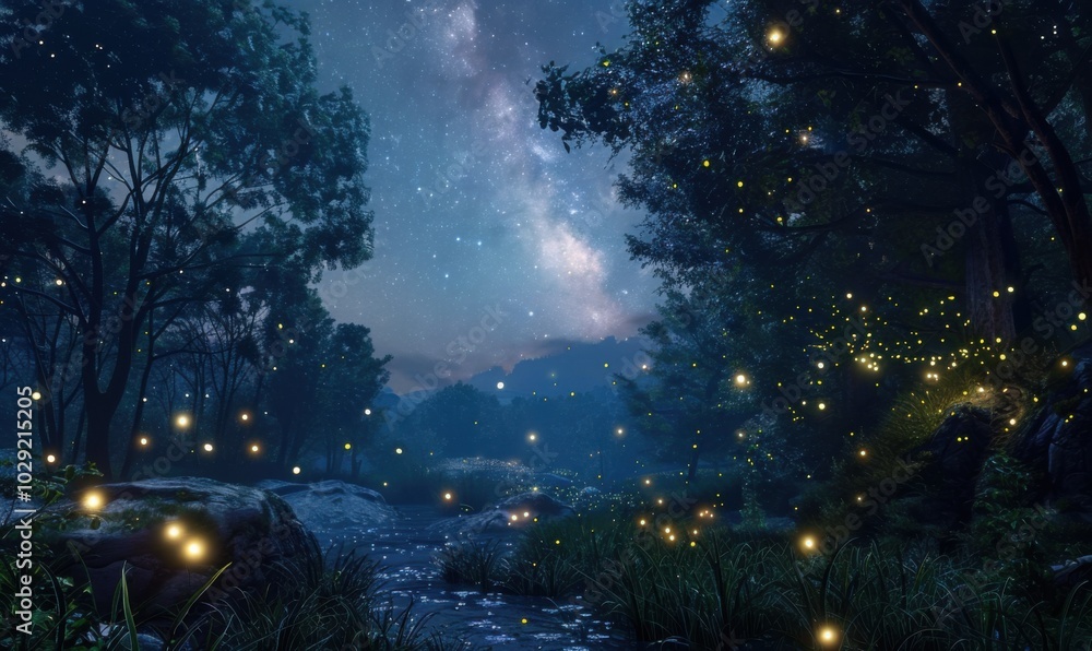 Idyllic clearing under a starlit firefly canopy, 4K hyperrealistic photo Idyllic clearing under a starlit firefly canopy, 4K hyperrealistic photo