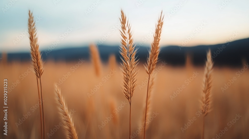 Fototapeta premium Golden grasses swaying in the breeze at dawn