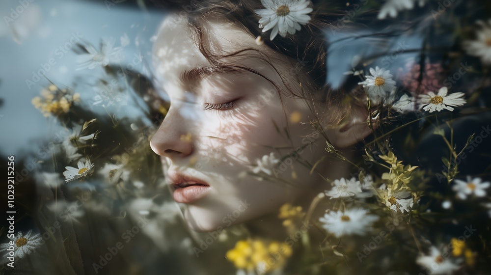 A serene portrait of a young woman with closed eyes surrounded by delicate wildflowers in a tranquil outdoor setting A serene portrait of a young woman with closed eyes surrounded by delicate wildflowers in a tranquil outdoor setting