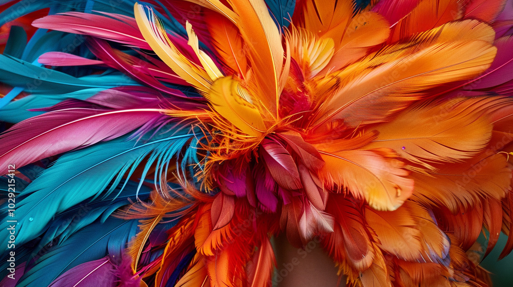 A close-up of an eccentric feathered hat with bright, clashing colors and oversized plumage extending dramatically. A close-up of an eccentric feathered hat with bright, clashing colors and oversized plumage extending dramatically.