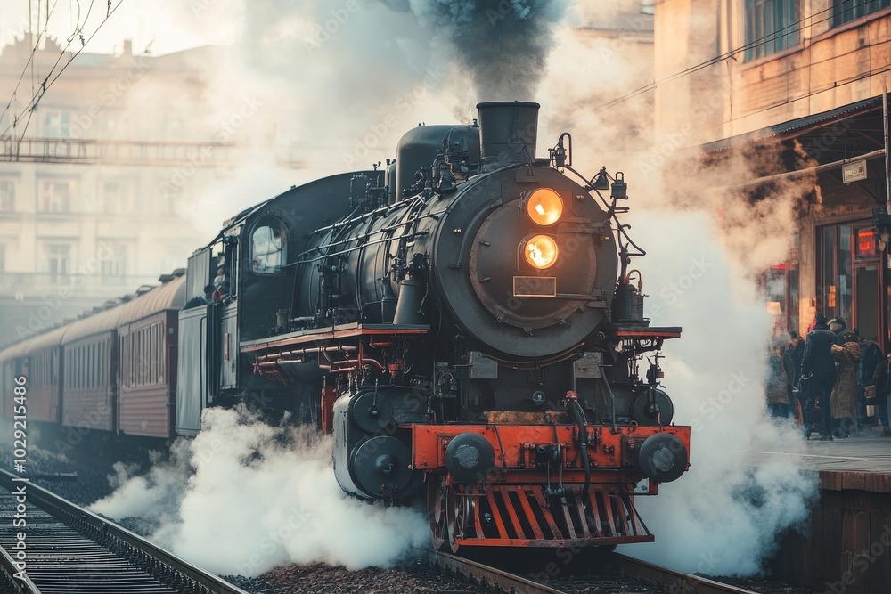 Naklejka premium Historic steam train arrives at a bustling city station enveloped in steam during morning hours