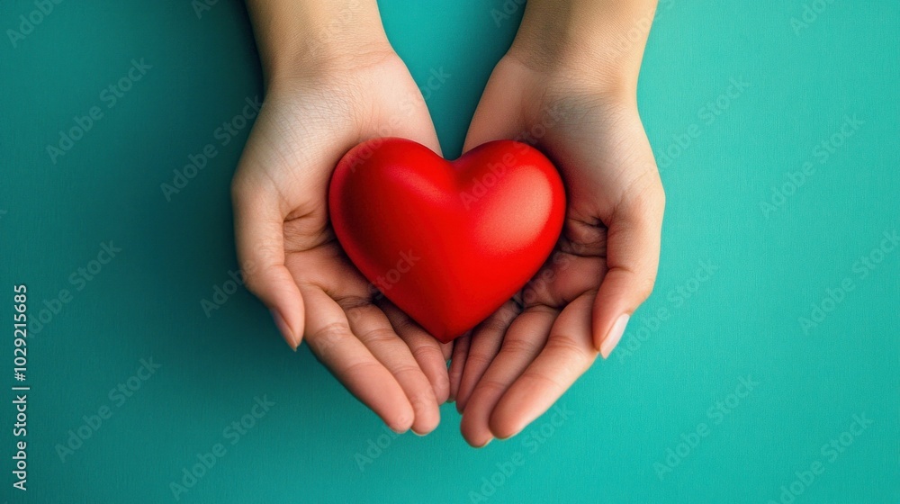 Hands Holding Red Heart on Blue Background