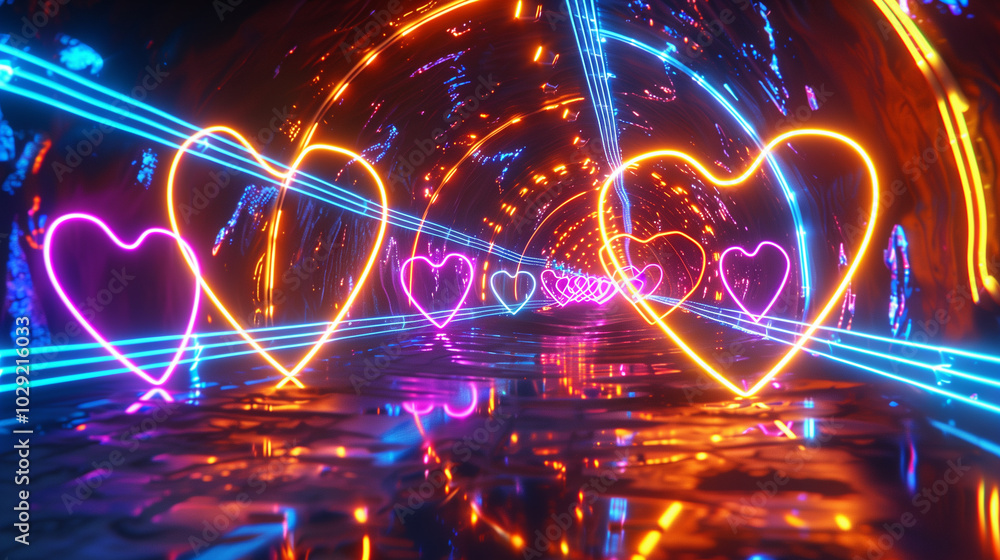 A glowing neon tunnel decorated with bright heart shapes and colorful lights, creating a romantic and futuristic ambiance.
A glowing neon tunnel decorated with bright heart shapes and colorful lights, creating a romantic and futuristic ambiance.